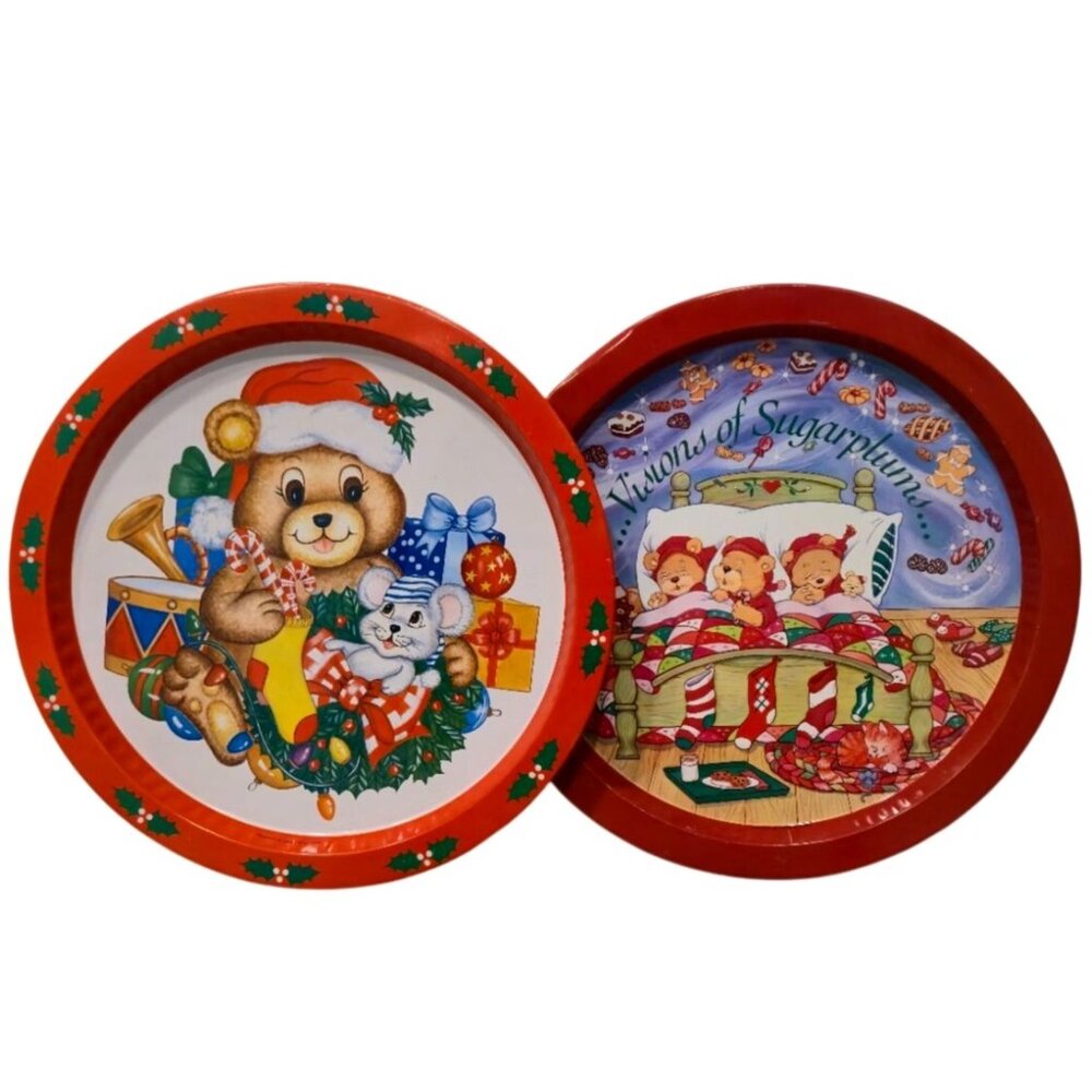 Retro Christmas tin tray set Teddy bear anthropomorphic Holiday serving platter